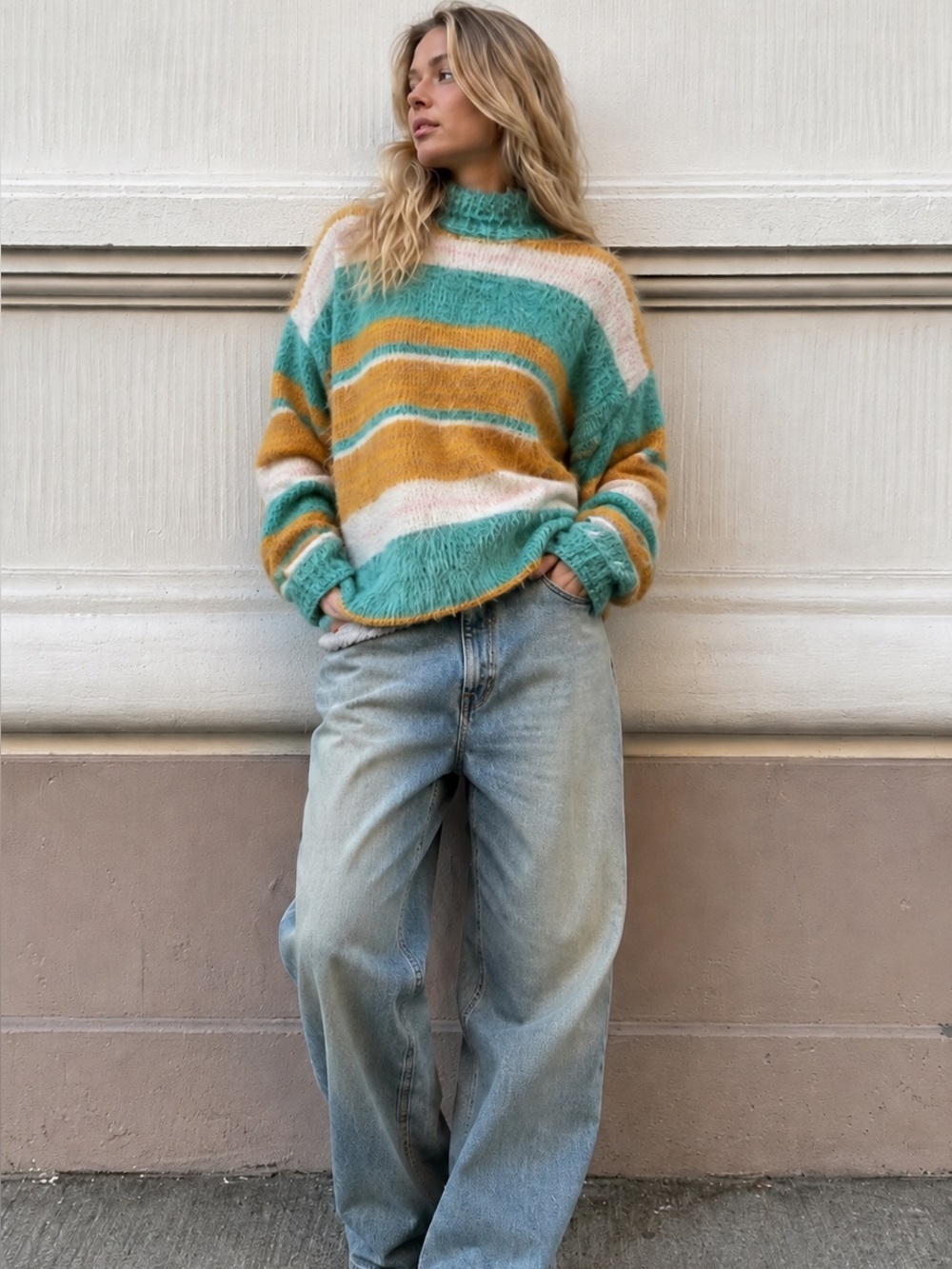 Kimchi Blue UO Fuzzy Striped Mock Neck Oversized Sweater Size XS